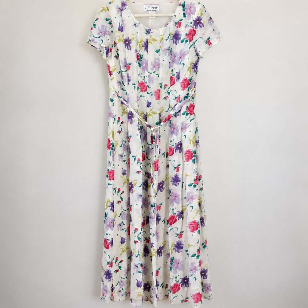 Vintage J Stevens Floral Maxi Dress 90s Cottagecore Romantic Sheer Tie Waist